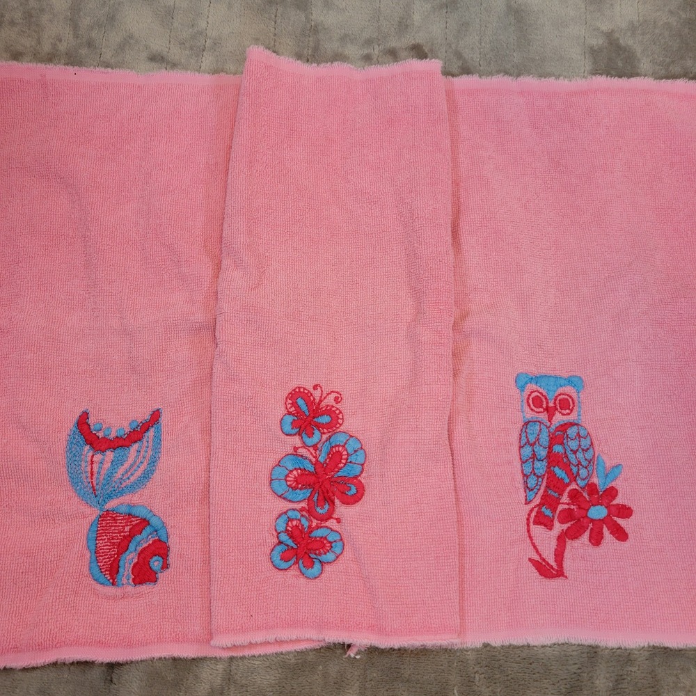 Vintage Cannon Hand Towels Set of 3 Pink Embroidered Owl Butterfly Cat 11x16
